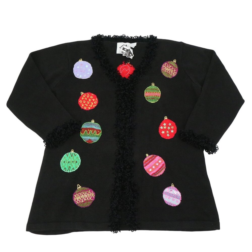 NWT Storybook Knits HSN Christmas Ornament Fringe Trim Black Cardigan Sweater 1X